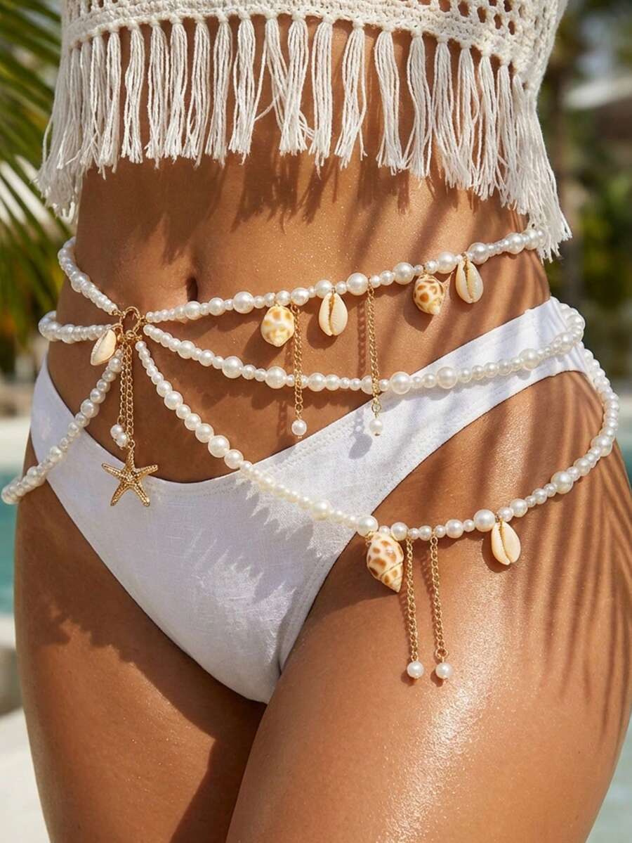 Body Jewelry Usa - Three-layer beaded waist chain with pearls
