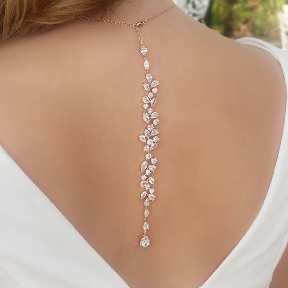 Body Jewelry Necklace - Crystal Leaf Backdrop Necklace Rhinestone Bridal