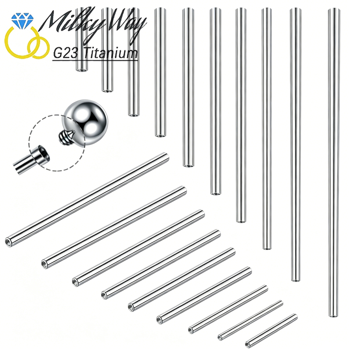 Tongue Barbell Straight - 10/50/100PCS Threaded Titanium Straight Barbell 16/14G
