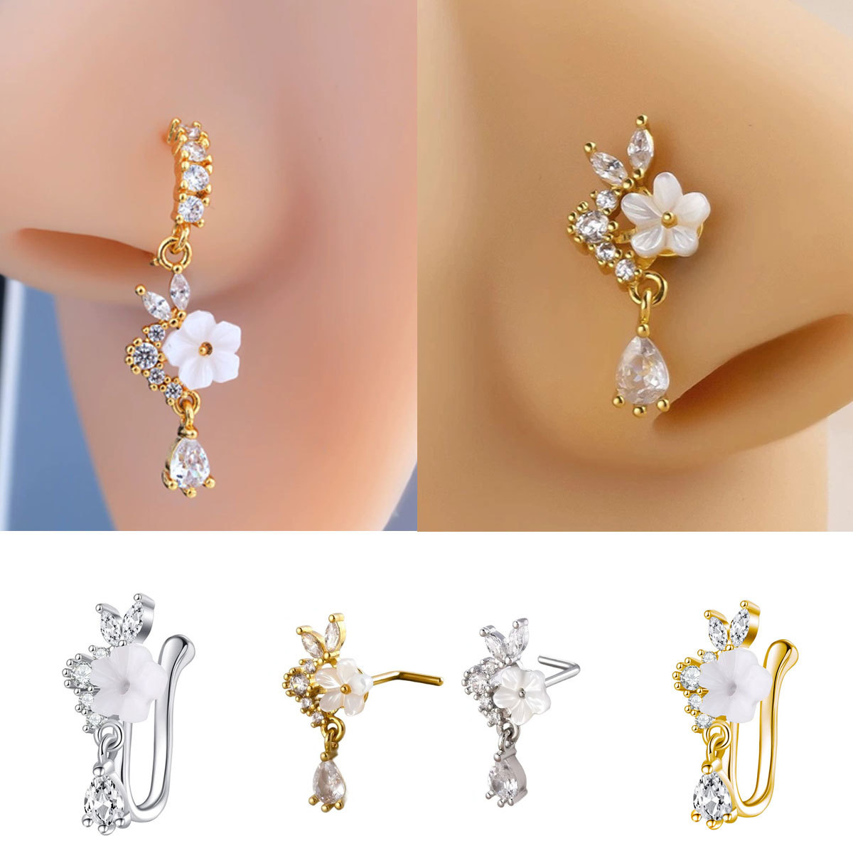Gold Flower Nose Ring with Dan - đánh giá và giá Body Jewelry Nose Studs